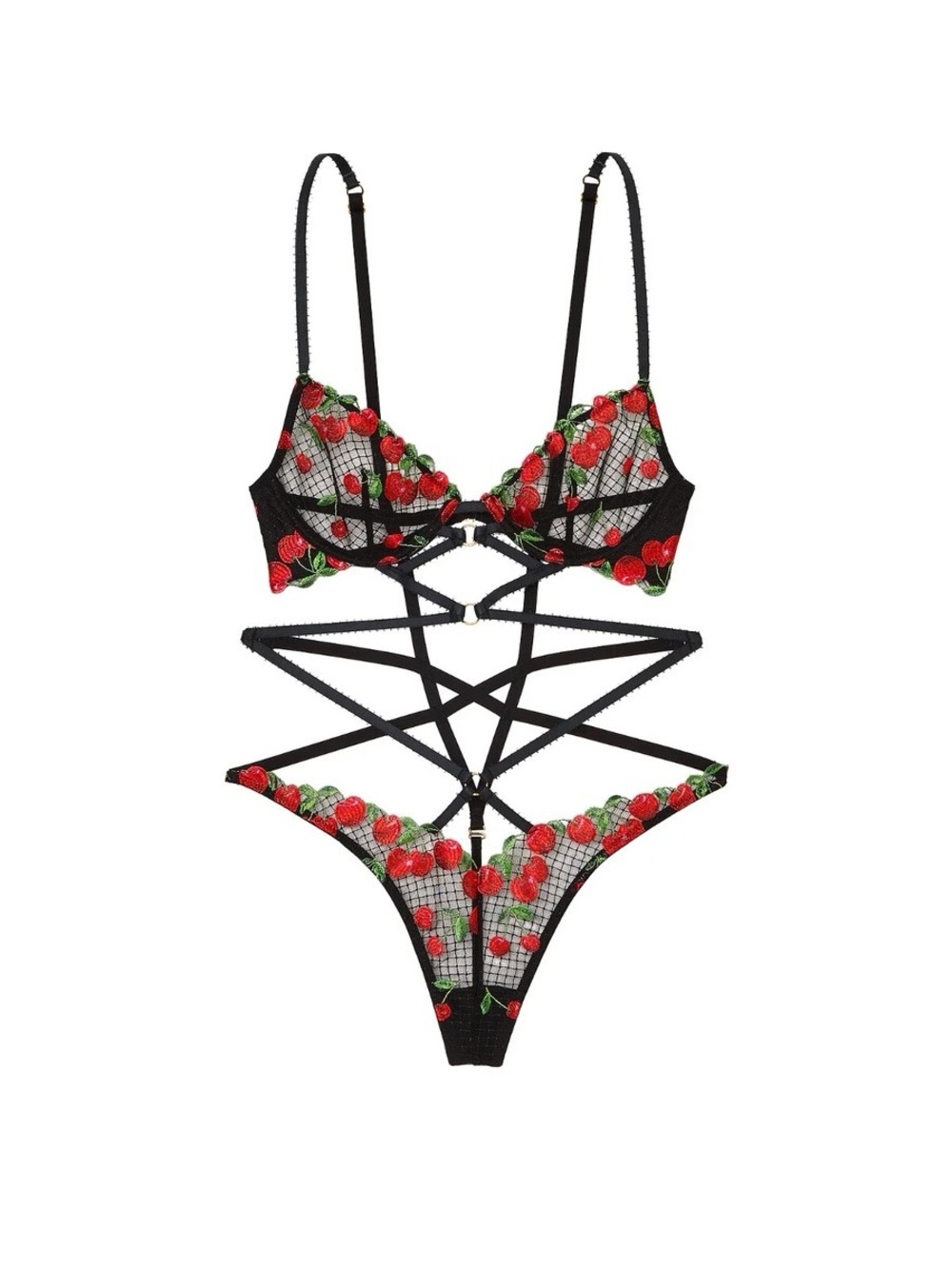 Cherry Embroidery Unlined Low-Cut Teddy Bodysuit